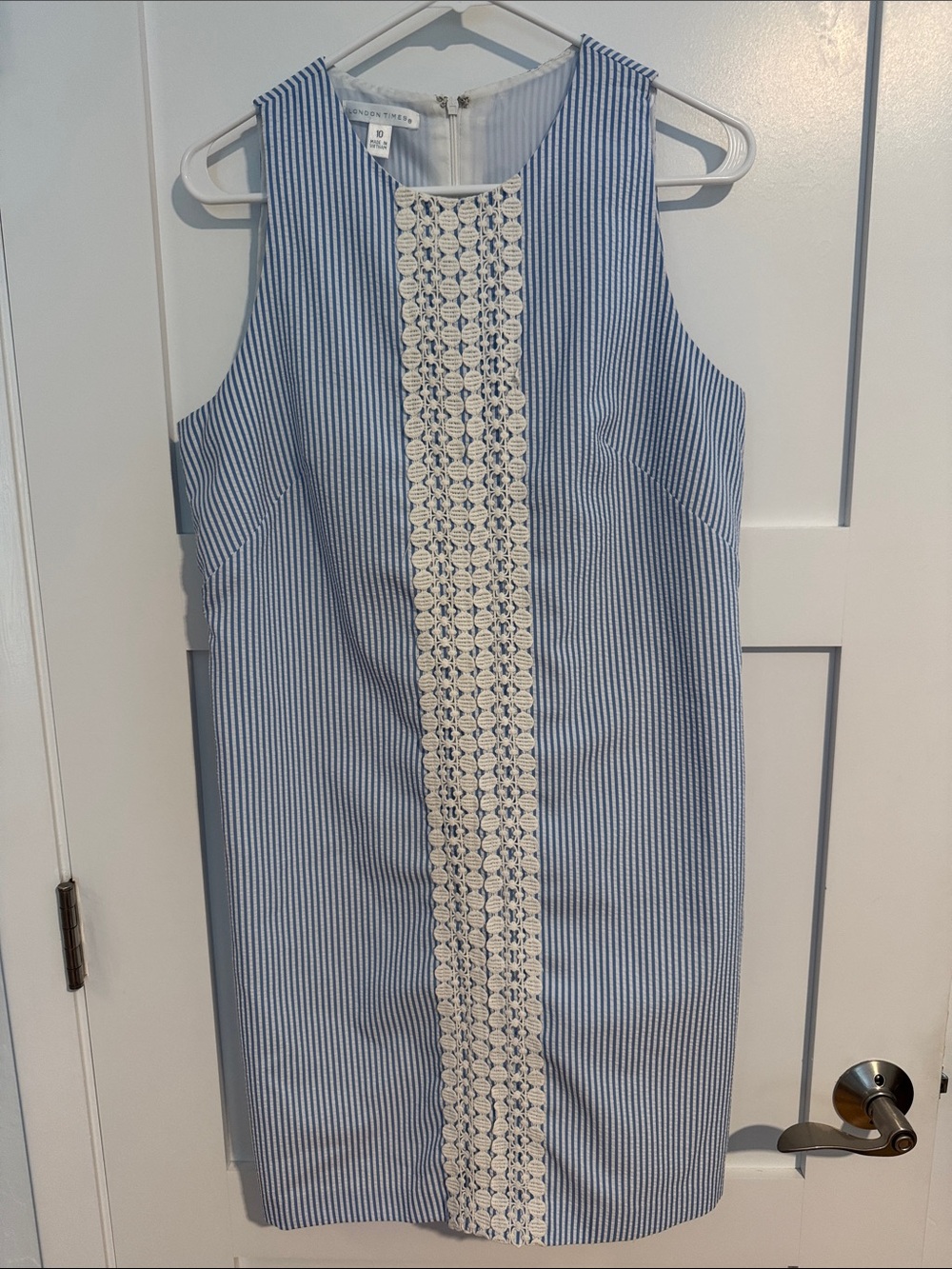 Sleeveless Blue and White Striped Mini Dress with Crochet Lace Panel